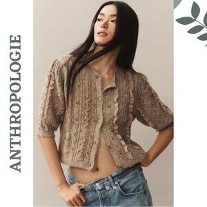 Maeve (Anthropologie) Embellished Ruffle Cardigan Sweater – Taupe, XS